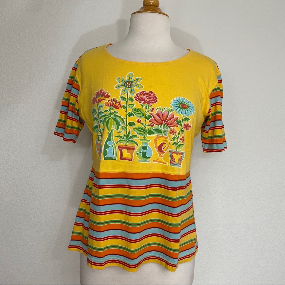 Vintage Oilily Golden Yellow Floral Stripe Groovy Retro T-Shirt Top Size XL 90's